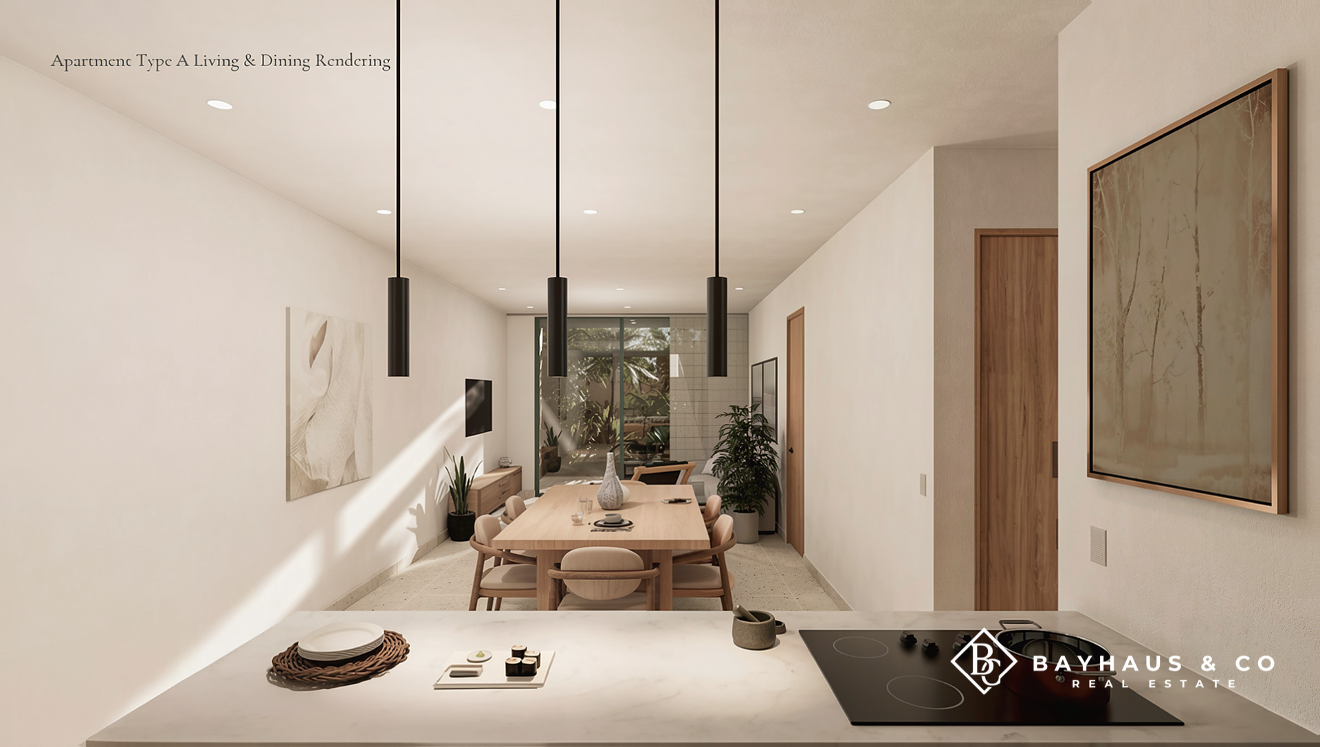 Washington Gardens Type A apartment open-plan kitchen, living and dining area in Noord, Aruba