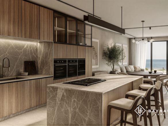 Luxury open-plan kitchen with ocean view at L’Aquila Aruba