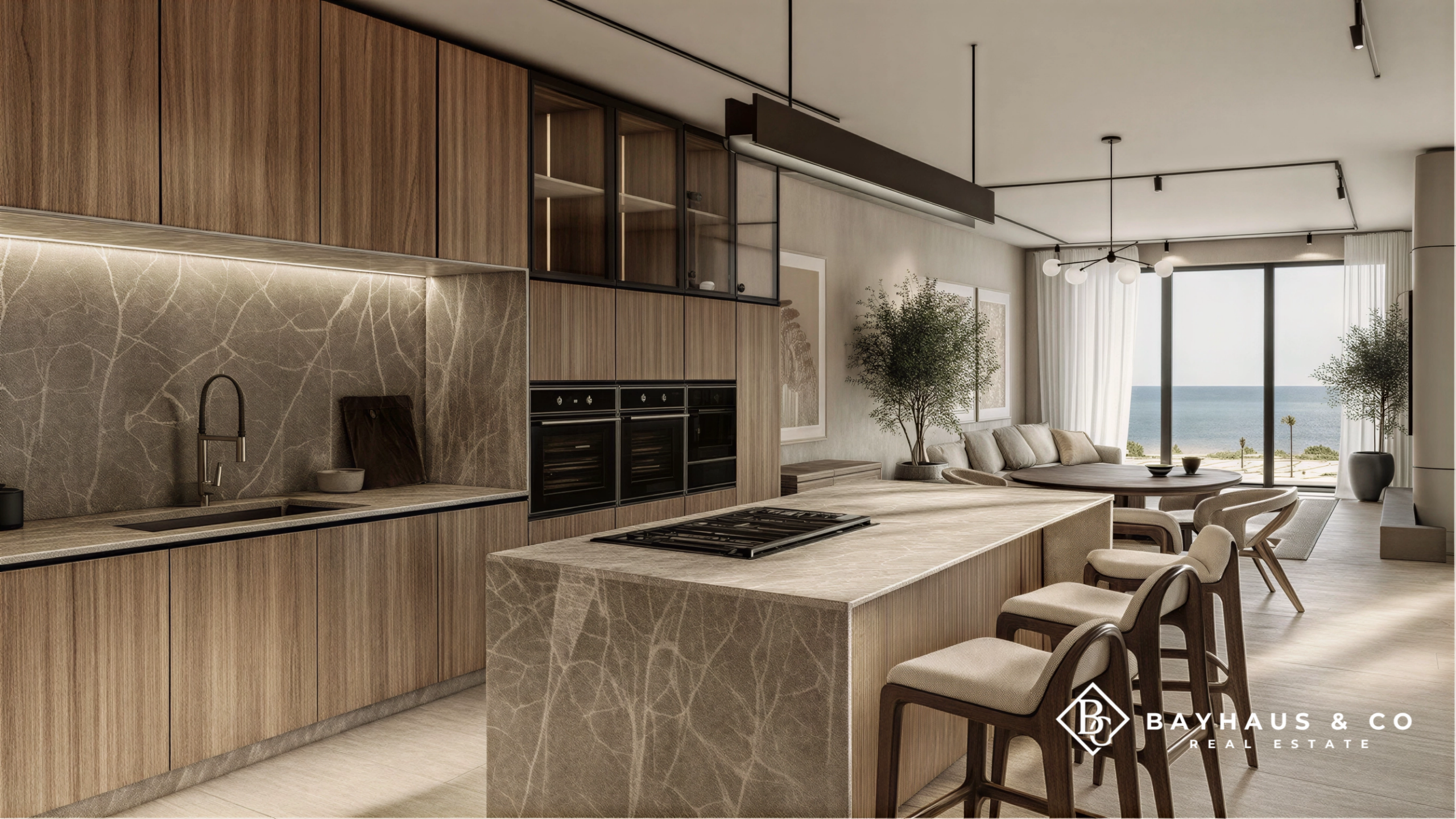 Luxury open-plan kitchen with ocean view at L’Aquila Aruba