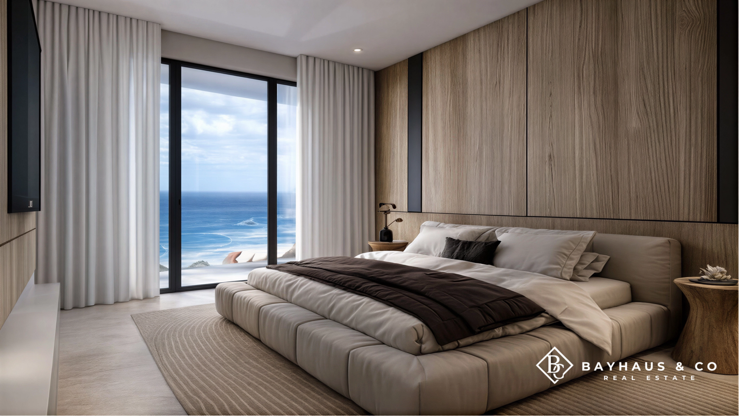Luxury primary bedroom with panoramic ocean view at L’Aquila Aruba