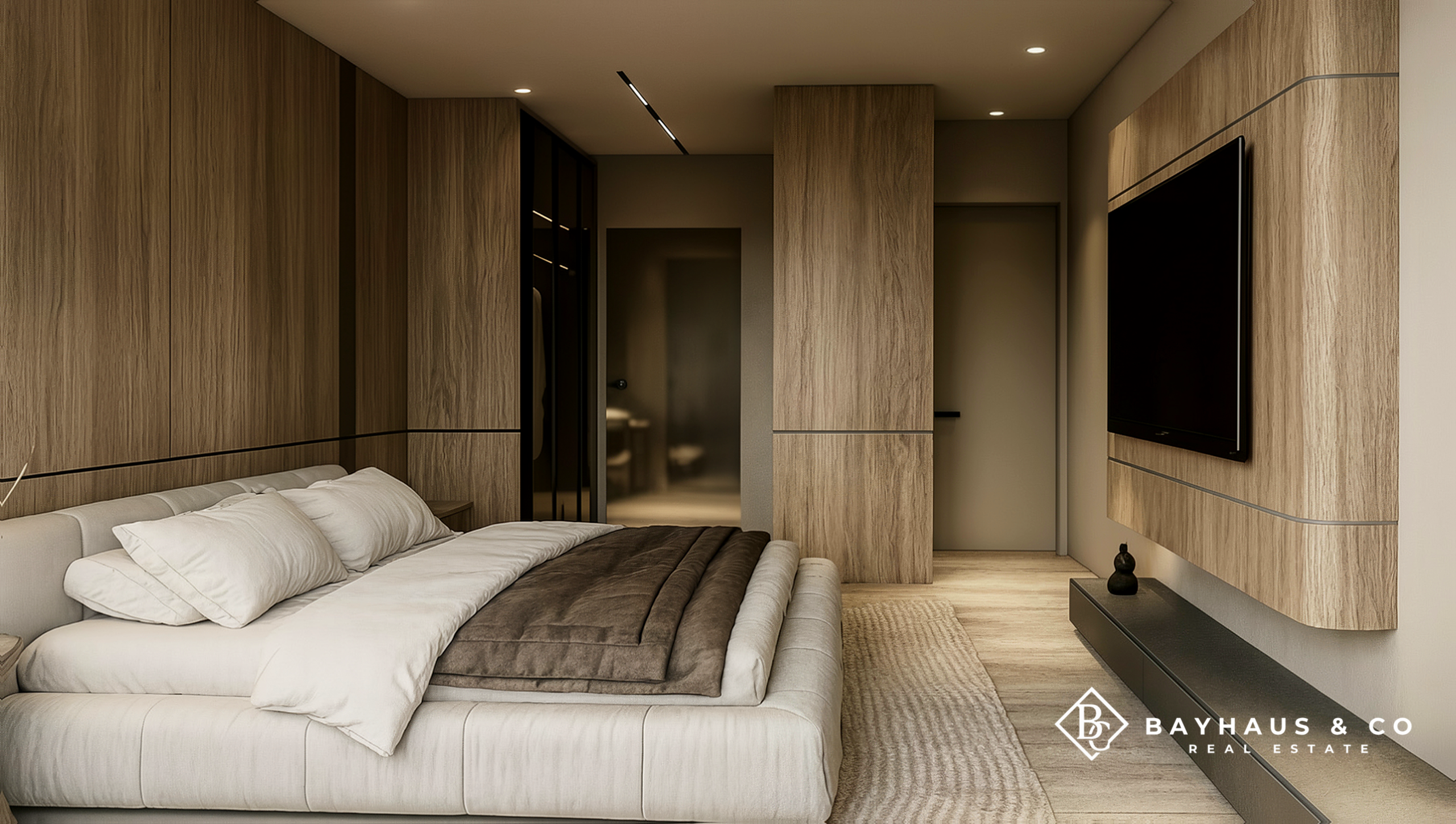 Contemporary primary bedroom with custom wood finishes at L’Aquila Aruba