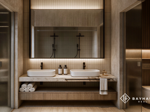 Luxury ensuite bathroom with double vanity at L’Aquila Aruba