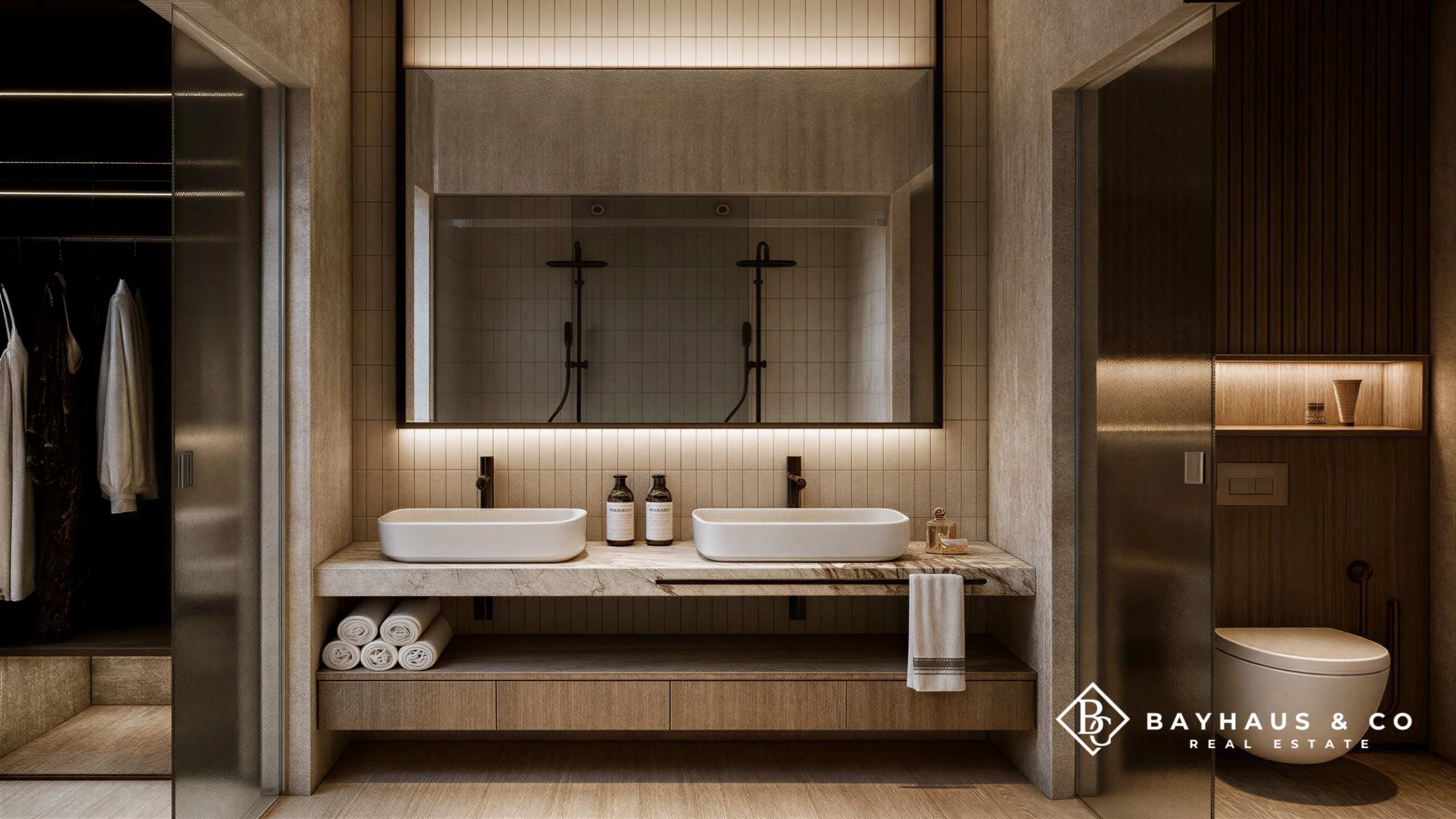 Luxury ensuite bathroom with double vanity at L’Aquila Aruba