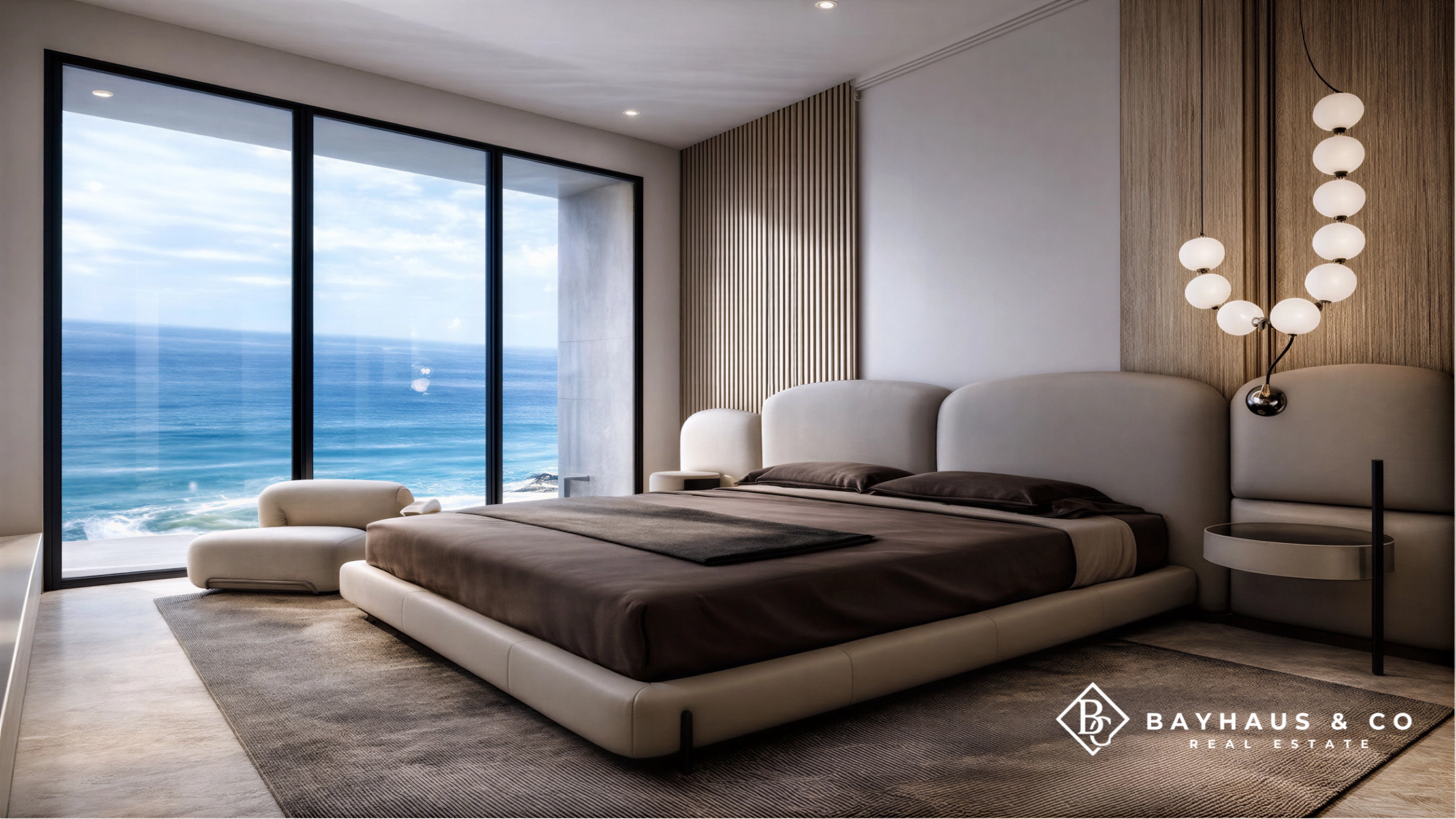 Luxury primary suite with floor-to-ceiling ocean views at L’Aquila Aruba