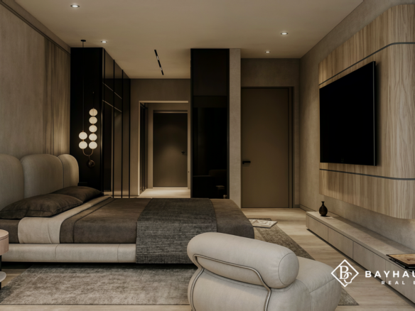 Designer luxury bedroom with custom millwork at L’Aquila Aruba