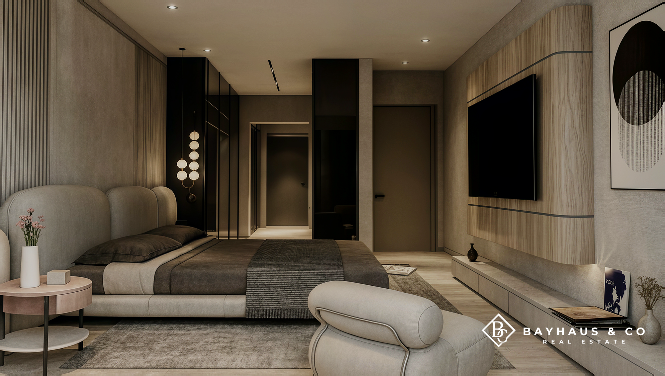 Designer luxury bedroom with custom millwork at L’Aquila Aruba