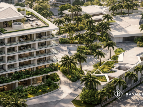 Aerial view of L’Aquila residences with tropical landscaping in Aruba
