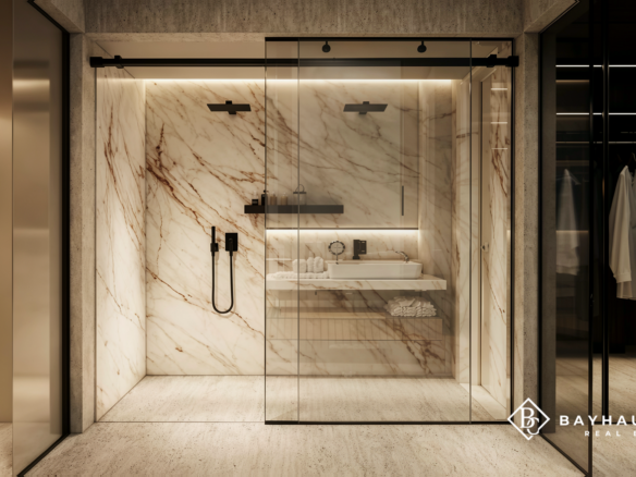 Luxury marble walk-in shower at L’Aquila Aruba