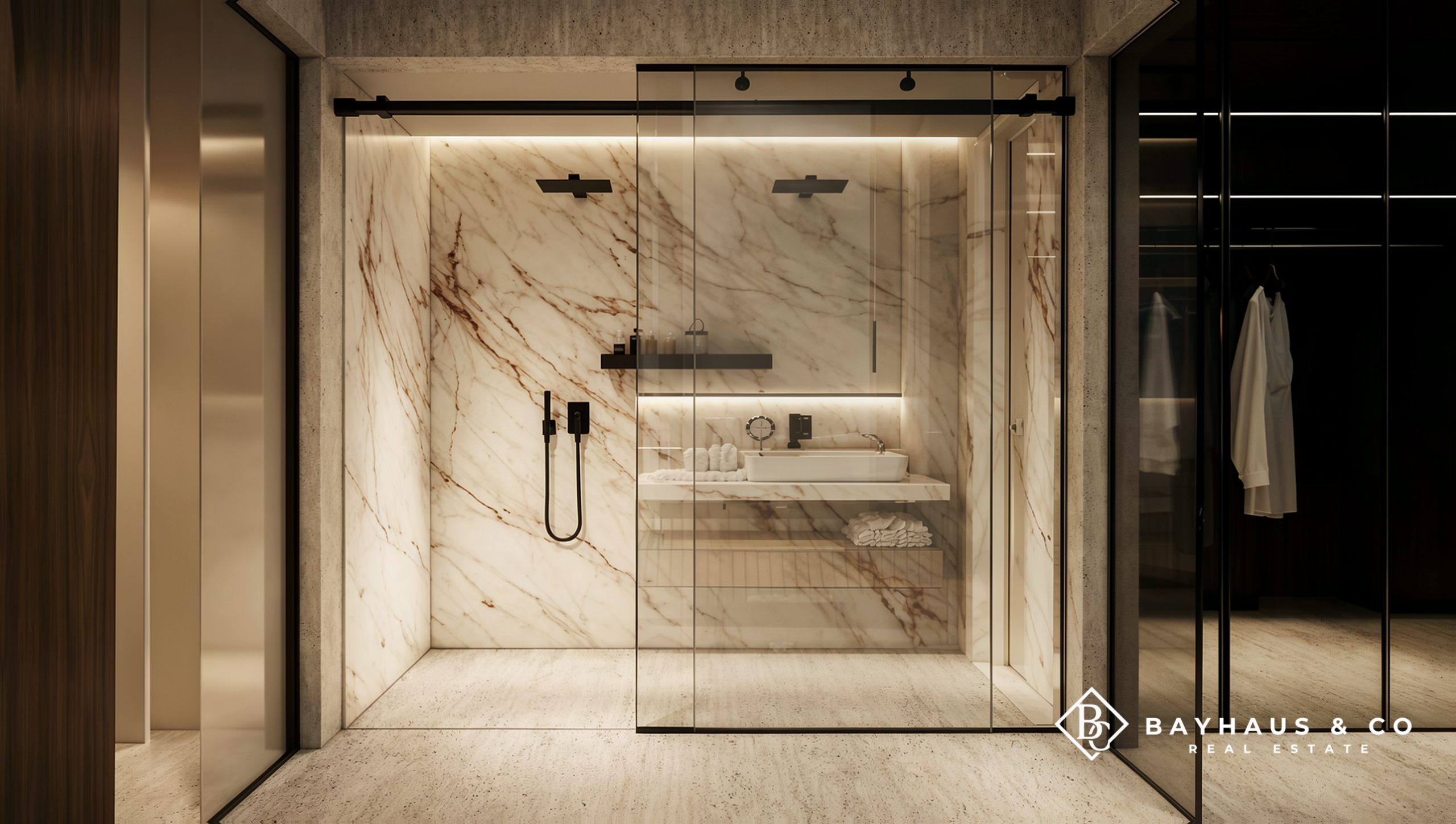 Luxury marble walk-in shower at L’Aquila Aruba