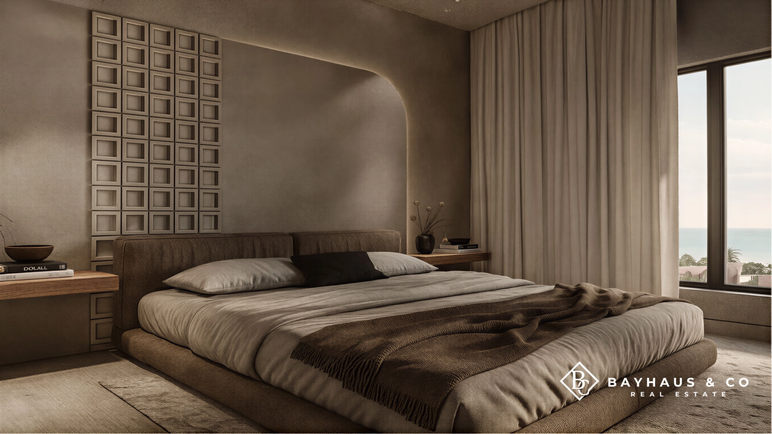 Contemporary bedroom with ocean view at L’Aquila Aruba