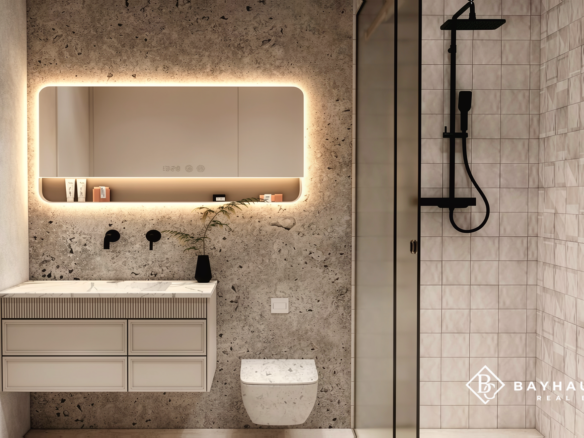 Contemporary ensuite bathroom with walk-in shower at L’Aquila Aruba