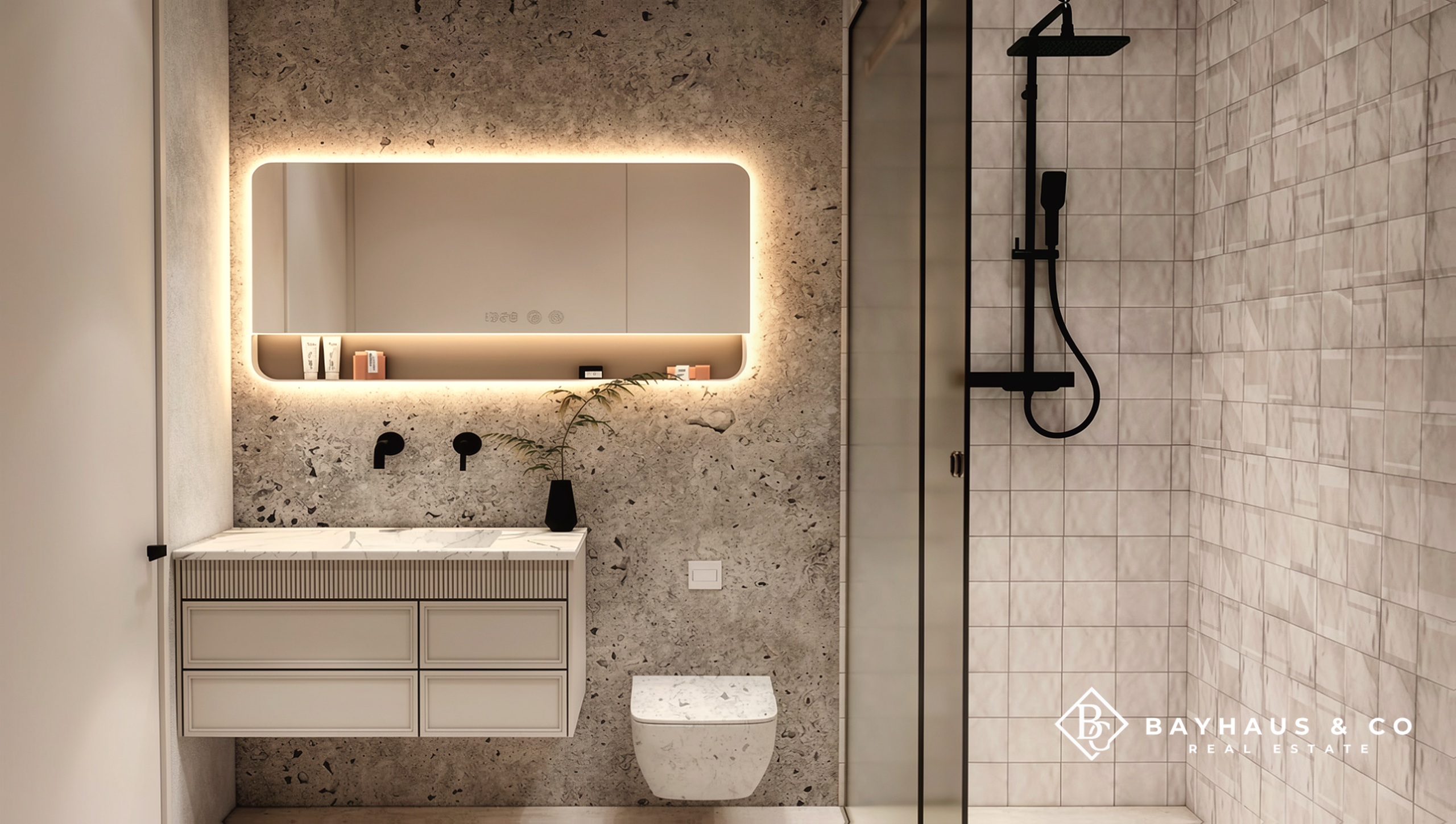 Contemporary ensuite bathroom with walk-in shower at L’Aquila Aruba