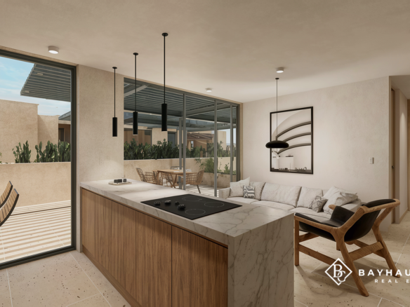 Washington Gardens Type A apartment kitchen and living area with terrace in Aruba