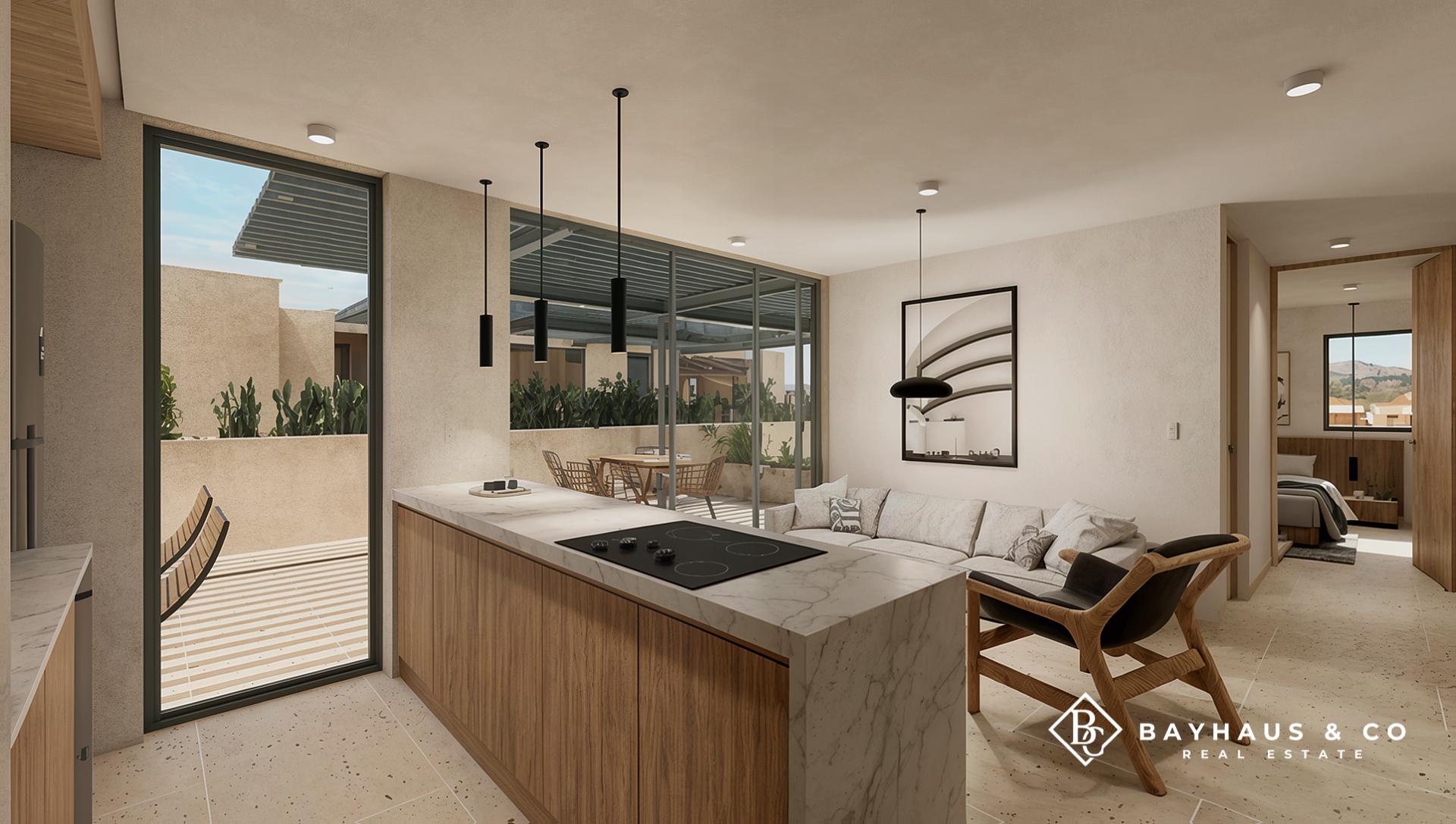 Washington Gardens Type A apartment kitchen and living area with terrace in Aruba