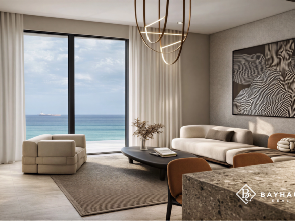 Luxury living room with Caribbean Sea view at L’Aquila Aruba