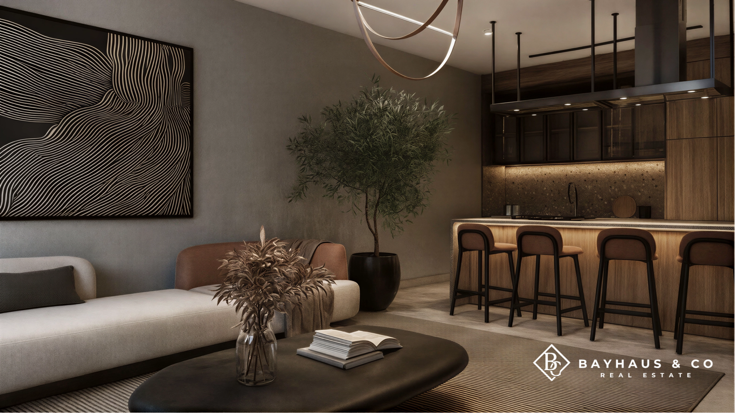 Open-plan luxury living room and kitchen at L’Aquila Aruba