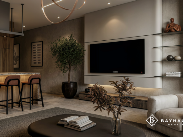 Modern living room and entertainment area at L’Aquila Aruba