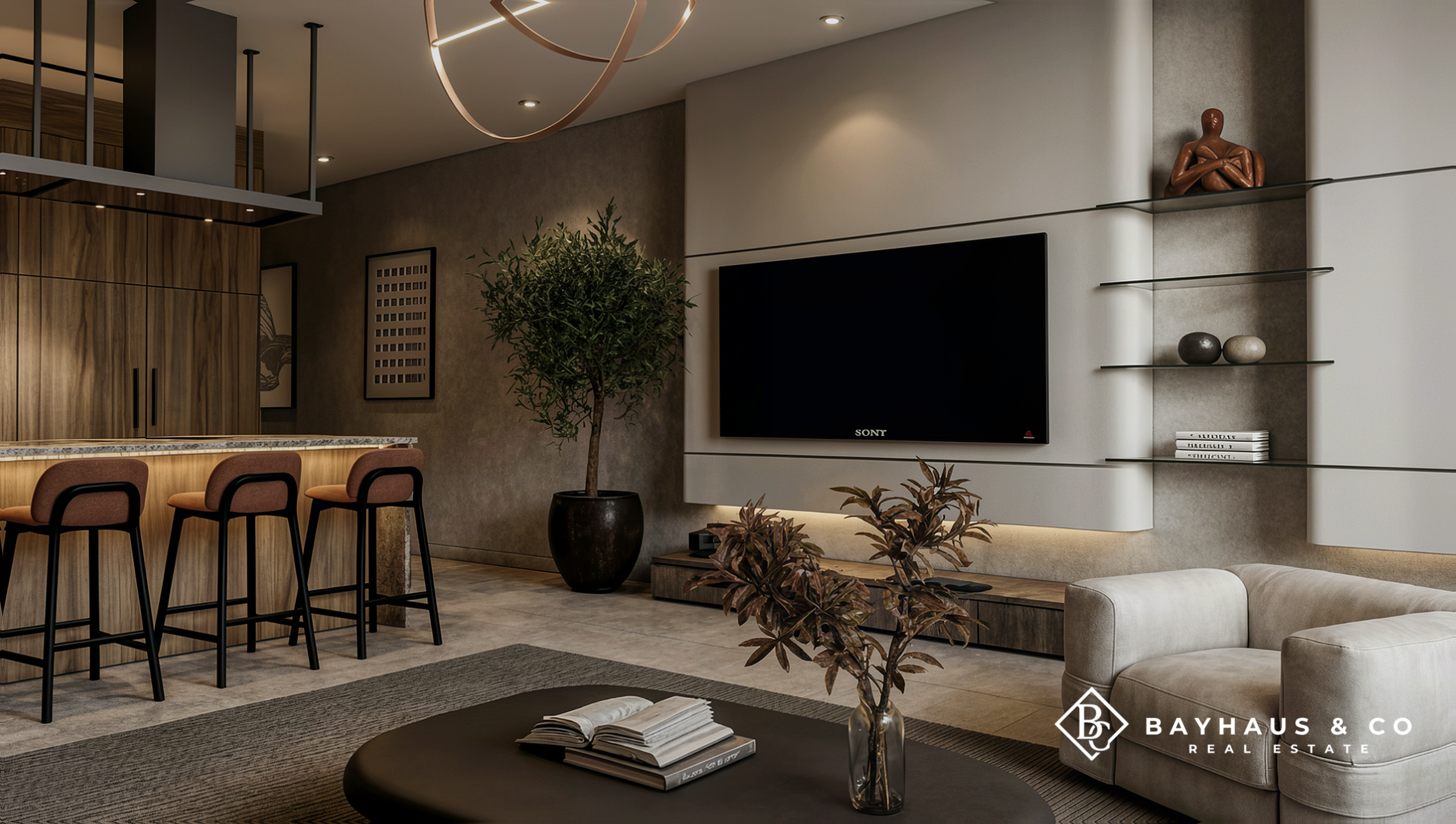 Modern living room and entertainment area at L’Aquila Aruba
