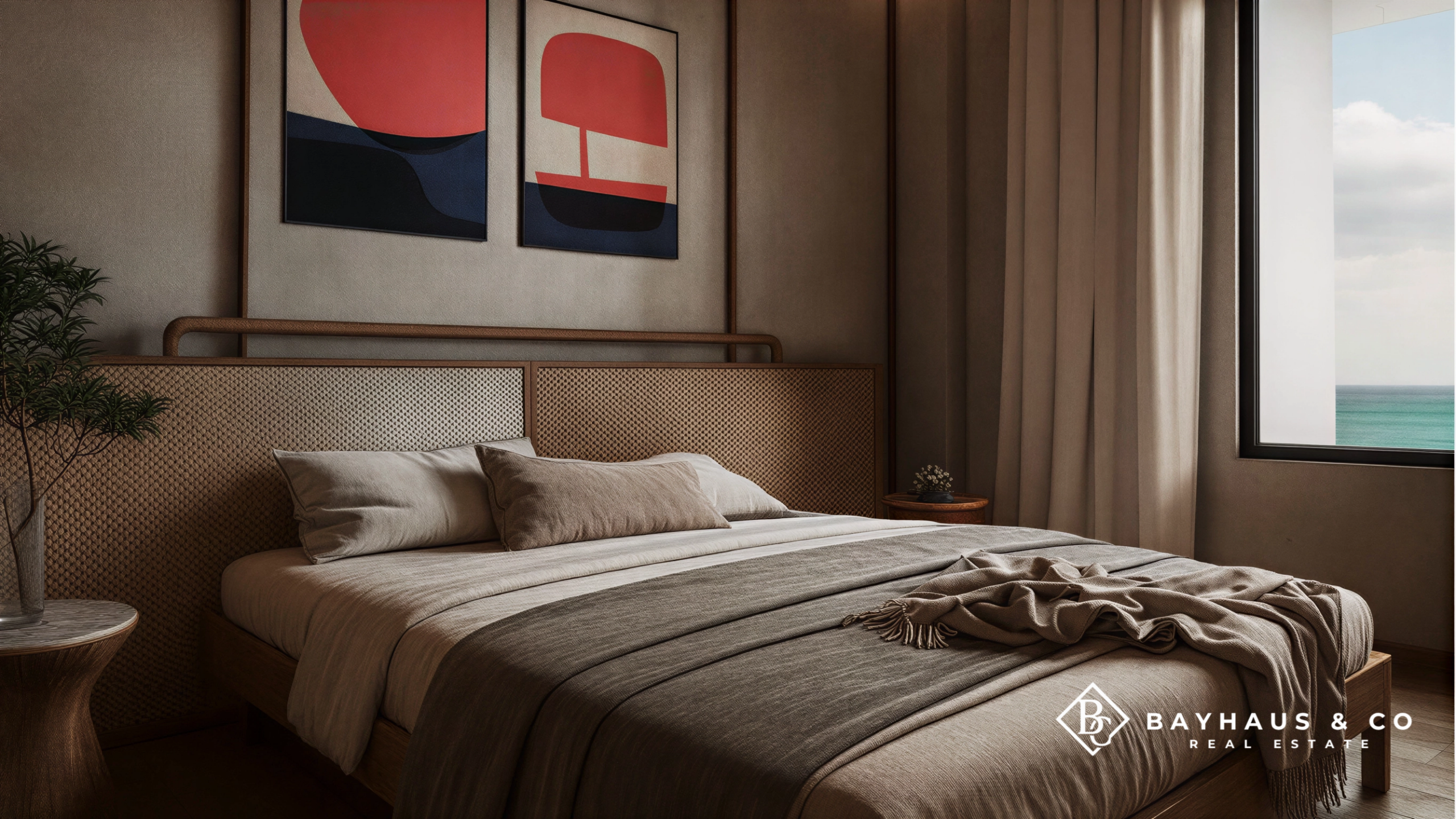 Luxury bedroom with Caribbean Sea view at L’Aquila Aruba