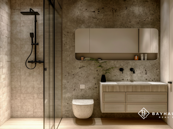 Modern luxury bathroom with walk-in shower at L’Aquila Aruba