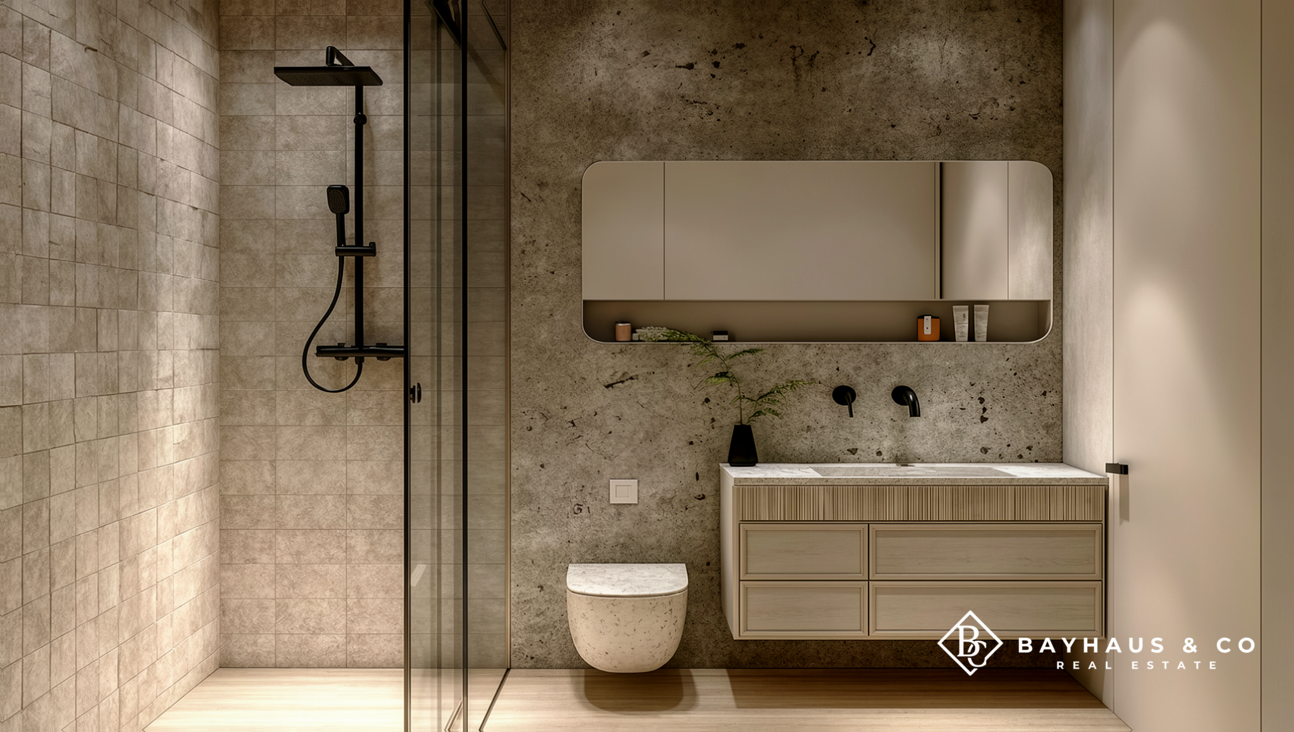 Modern luxury bathroom with walk-in shower at L’Aquila Aruba