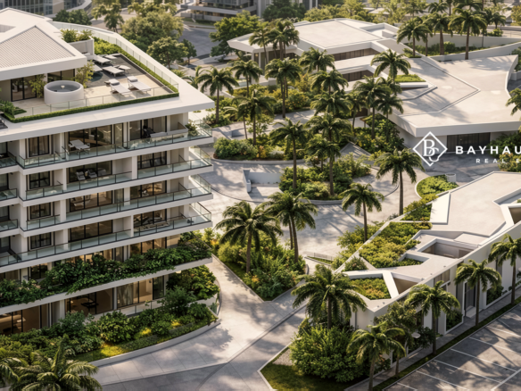 Aerial view of L’Aquila residences with tropical landscaping in Aruba